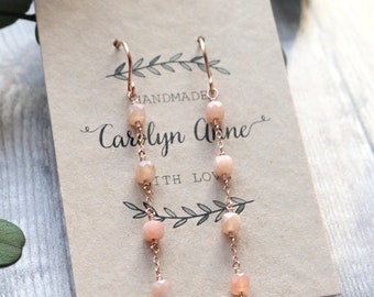 Peach Moonstone Dangle Earrings, Moonstone Earrings, Rose Gold Earrings, Moonstone Jewellery