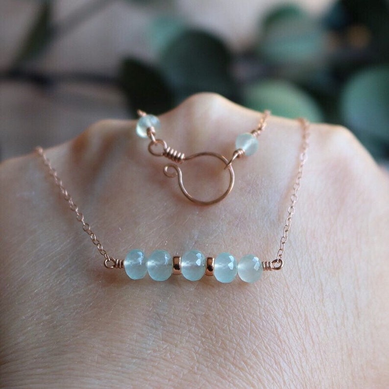 Rose Gold Necklace Gemstone Jewellery Aqua Chalcedony Aqua Chalcedony 14k Rose Gold Filled Bar Necklace Gemstone Necklace Gift for Her