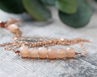 Peach Moonstone Bar Necklace, Moonstone Necklace, Bar Necklace, Blue Necklace, Moonstone Jewellery, Gift for Her