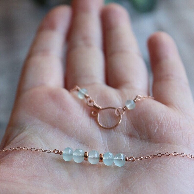 Rose Gold Necklace Gemstone Jewellery Aqua Chalcedony Aqua Chalcedony 14k Rose Gold Filled Bar Necklace Gemstone Necklace Gift for Her