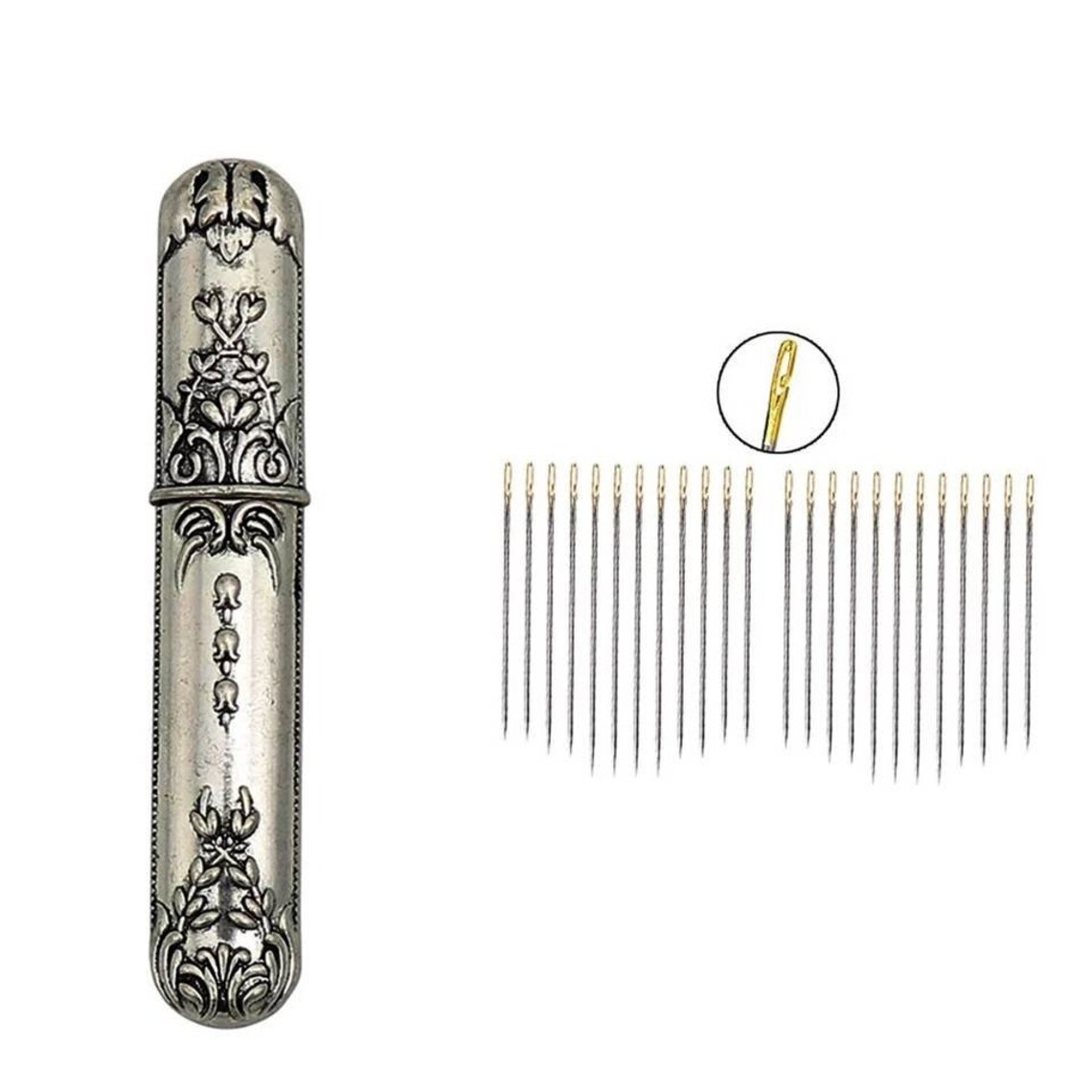 24 Self Threading Needles With Antique Vintage Case, Hand Sewing ...