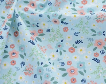 Blue flower fabric, Cotton twill fabric by metre, Floral fabric, Quilting fabric, Girl dress fabric, dress fabric