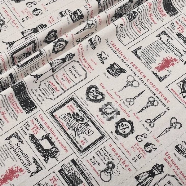 Vintage sewing machine cotton fabric by metre, Cotton linen mix fabric, Sewing theme fabric, Vintage sewing machine, Vintage fabric