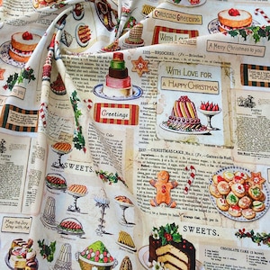 Vintage Christmas fabric, 100% cotton fabric, Christmas pudding fabric, Christmas sweets fabric, Christmas fabric by Half Metre/Metre
