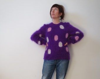 Vintage 1980s Mohair Sweater Size 44 XL 16 made in England Linda Southgate spots marimekko fun dots fluffy fuzzy shaggy