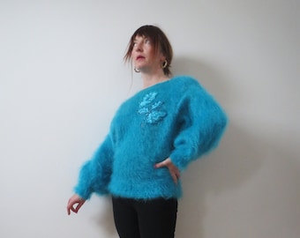 vintage années 1970 années 1980 mohair chauve-souris recadrée pull super shaggy fabriqué en Angleterre taille L 12 40