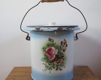 Antique French 1920s 1900s JAPY enamelware graniteware large bucket seau chambre pansies roses