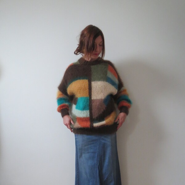 Vintage British 1980s mohair hand knitted retro kitsch fluffy fuzzy size XL 42 14