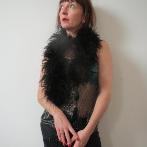 Antique French 1900s 1920s Black Ostrich Feather Boa Silk Pom Poms Flapper Party Sexy Luxury Theatre Stage Pin Up Burlesque