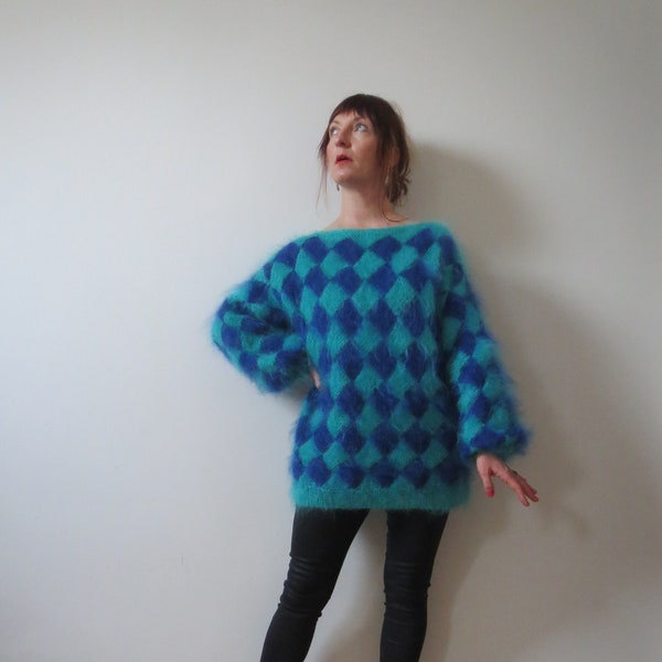 Vintage 1980s mohair slash neck harlequin mutton sleeve balloon sleeve sweater size XXL 44 16 free size fluffy fuzzy shaggy hand knitted