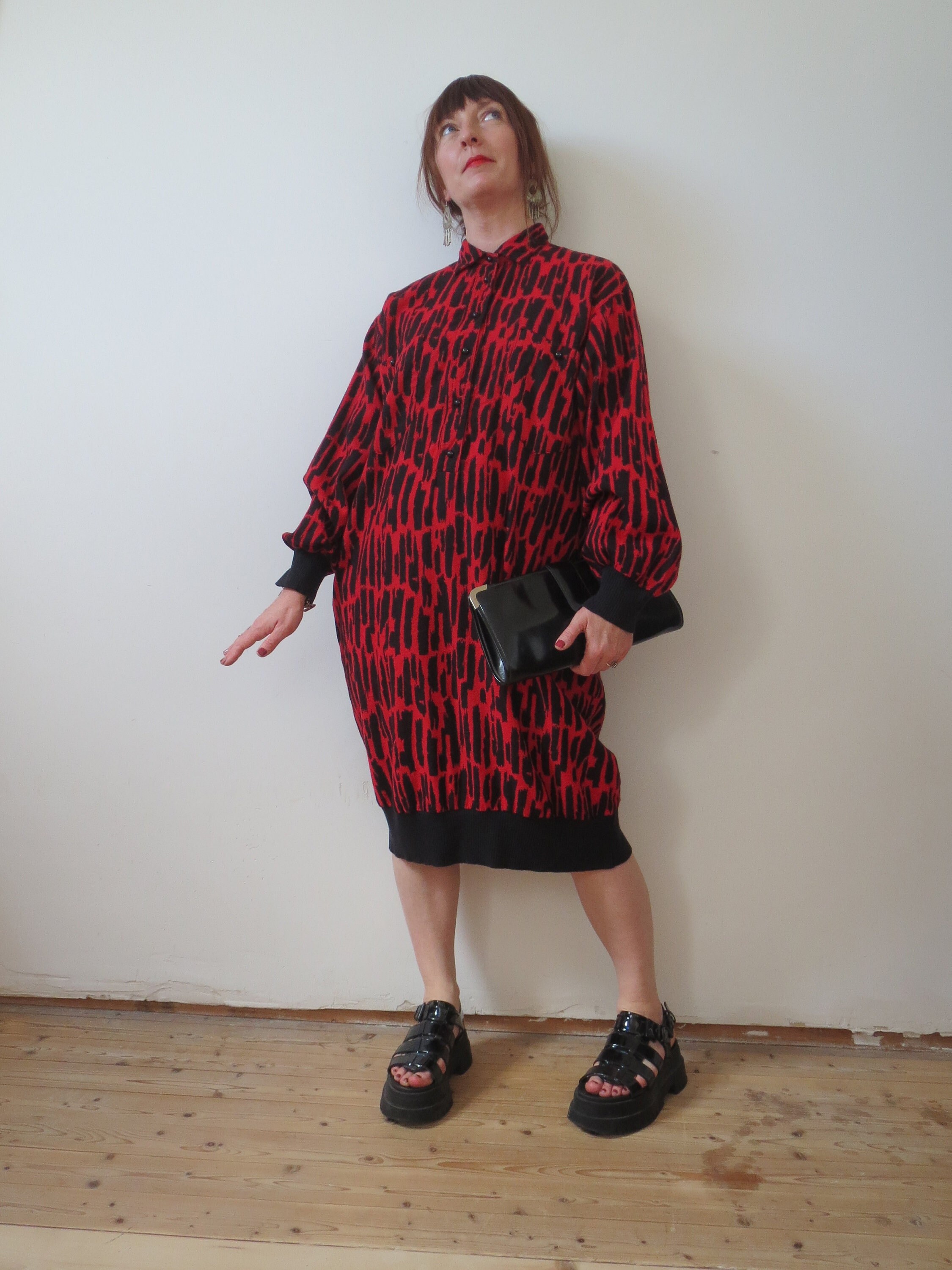 Vintage 1980s Guy Laroche El Corte Ingles Wool Dress Size XL 42 14 Pockets Oversized Red Black Paint Splash Etsy