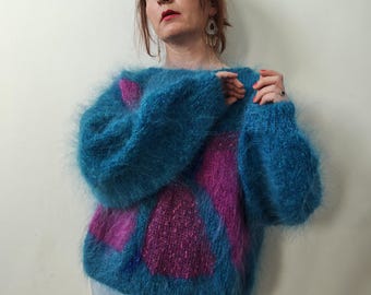 Pull en mohair tricoté main vintage des années 1970 des années 1980 46 18 XXXL hippie poilu hirsute surdimensionné