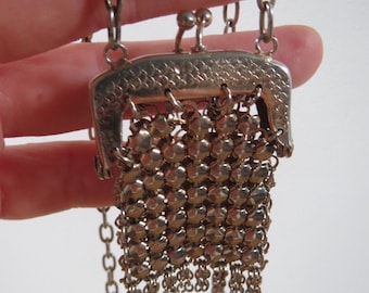 Vintage French chatelaine pendant necklace rare hippy art deco collectible chain mail stash purse coin purse miniature tribal engraved