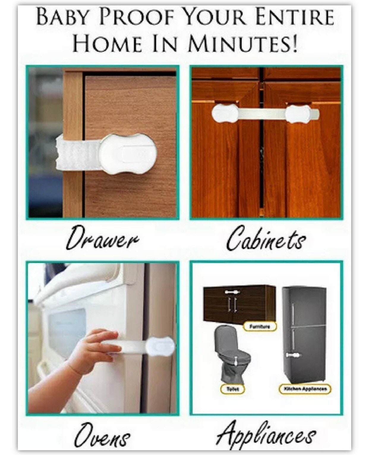 4our Kiddies Child Safety Cabinet Locks for Babies (6 Pack), Child Proof  Latches for Cabinets and