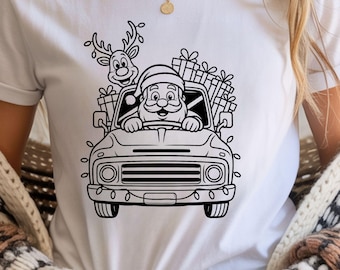 Camión de Papá Noel con arte lineal PNG, reno, clipart navideño (descarga digital)