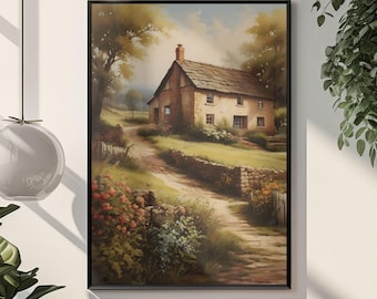 Arte mural rústico con naturaleza, arte digital JPG, ilustración relajante imprimible de estilo campestre, decoración de pared para un entorno relajante y consciente.