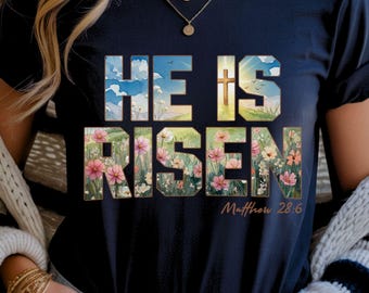 Diseño colorido de Pascua, texto floral azul con el versículo bíblico "Él ha resucitado" en formato PNG, gráfico cristiano en acuarela, imágenes prediseñadas de fe (descarga digital).