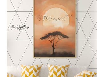Cuadro minimalista de puesta de sol, pájaros serenos, lámina de árbol de acacia (descarga digital)