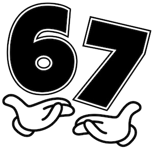 Puede incluir: Gráfico en blanco y negro del número 67 con manos de dibujos animados. Los números están en negrita con un contorno blanco. Las manos son blancas con contornos negros.