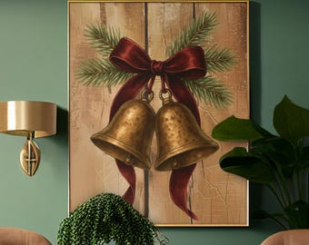 Póster vintage de campanas navideñas JPG, arte mural navideño rústico (descarga digital)