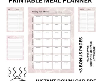 Kit de planificador de comidas imprimible en PDF. Diario de comidas semanal y rastreador de comidas con lista de compras adicional, página de recetas y página de notas. Rosa. Dieta y fitness.