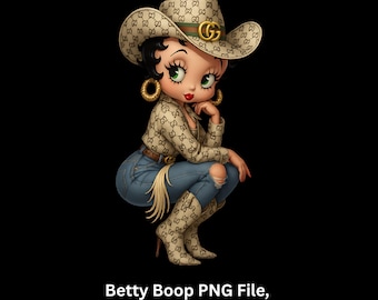 Dibujo animado de Betty Boop vaquera en formato PNG, diseño de sublimación estilo western (descarga digital).
