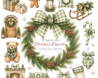 Paquete de imágenes prediseñadas navideñas estilo Cottagecore, cuadros vichy verdes acuarela (descarga digital)