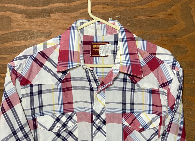 Vintage Rustler Plaid Rockabilly Western Pearl Snap Button Down Shirtsleeve shirt vintage Rustler Western Rockabilly Shirt Large