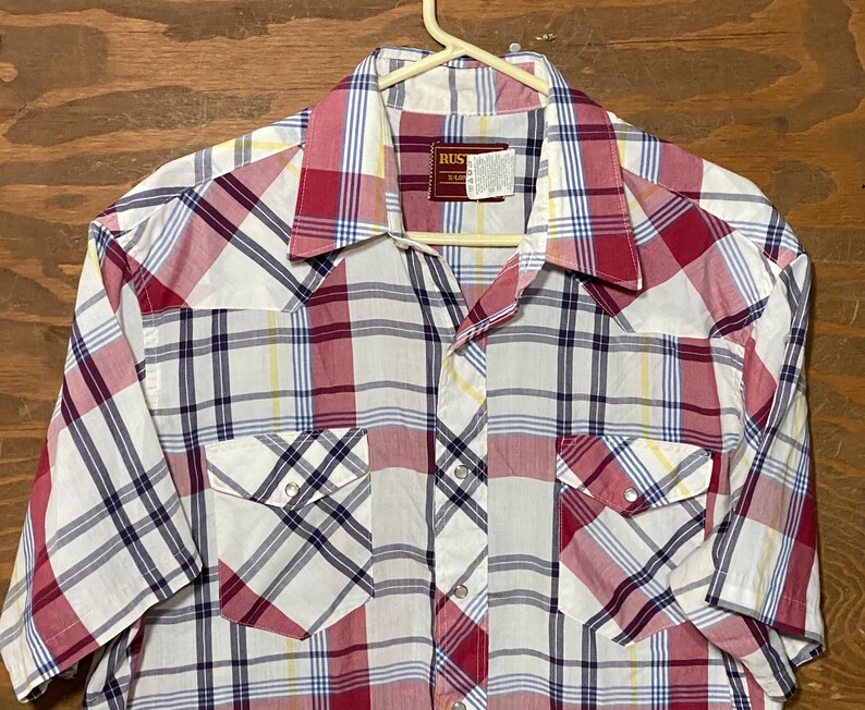 Vintage Rustler Plaid Rockabilly Western Pearl Snap Button Down Shirtsleeve shirt vintage Rustler Western Rockabilly Shirt Large