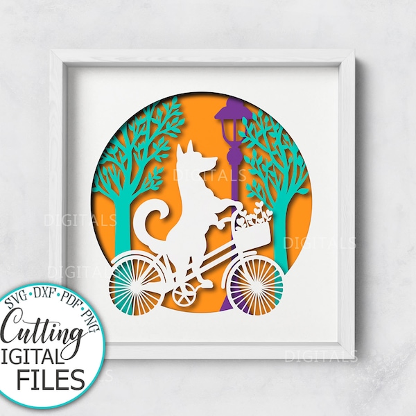 Dog on the bike Shadow Box SVG, lightbox svg, 3d papercut SVG, layered paper art, laser cut template, German Shepherd Cricut gift, dxf Dog on the bike Shadow Box SVG, lightbox svg, 3d papercut SVG, layered paper art, laser cut template, German Shepherd Cricut gift, dxf