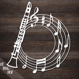 Cornice monogramma clarinetto per segno nome file svg taglio laser per glowforge, file cricut svg, segno lezioni di musica clarinetto svg, download digitale