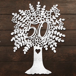 50. rocznica urodzin z dekoracją urodzinową w drzewie svg plik wycinany laserowo dla glowforge, cricut svg, papercut svg, dxf plik cyfrowy laserowy