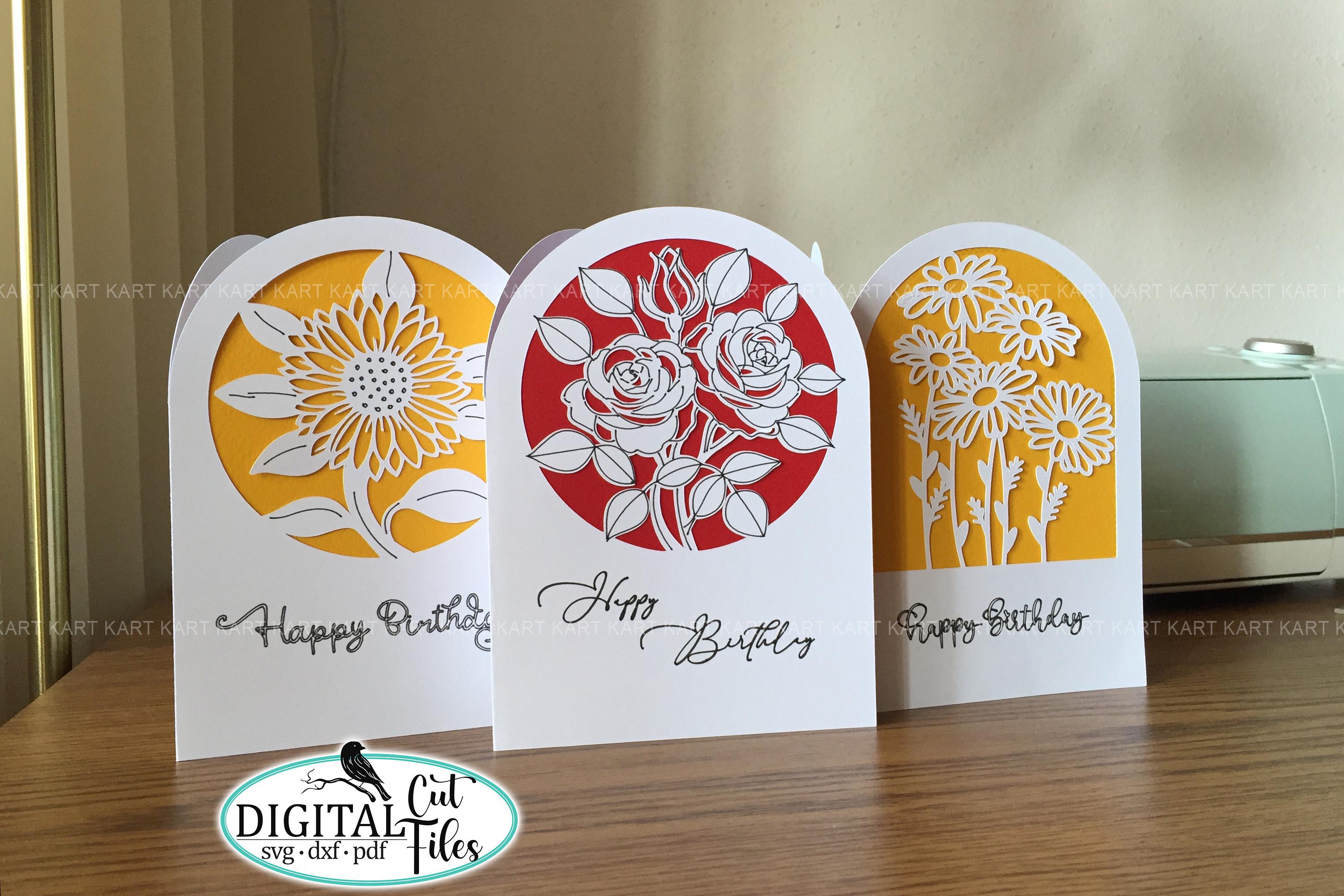 Bundle de cartes d'anniversaire svg Cricut, tournesol carte svg, carte rose, Daisy carte svg, svg de carte papercut, carte Cricut, cartes scannées et découpées