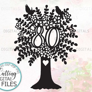 80er Geburtstag Jubiläumsfeier mit Baum svg, Scherenschnitt svg, laser cut datei, cutout svg, floral svg, glowforge datei