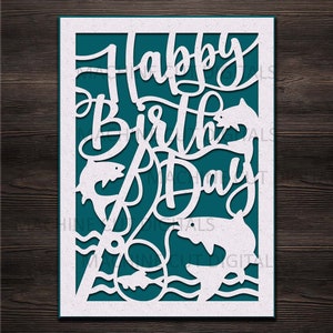 Tarjeta de cumpleaños de pesca svg, tarjeta Cricut Joy Maker Explore, tarjeta recortada en papel svg, plantilla cortada con láser, tarjeta para hombre, tarjeta de verano svg recortada