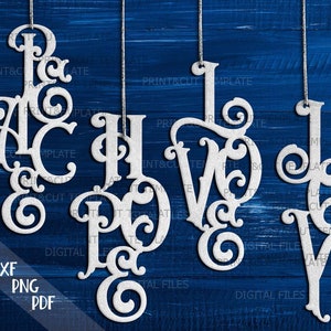 Paz Amor Esperanza Alegría adornos svg, Navidad bauble svg, Decoraciones svg para Navidad, archivo cortado por láser, Adornos colgantes, descarga digital