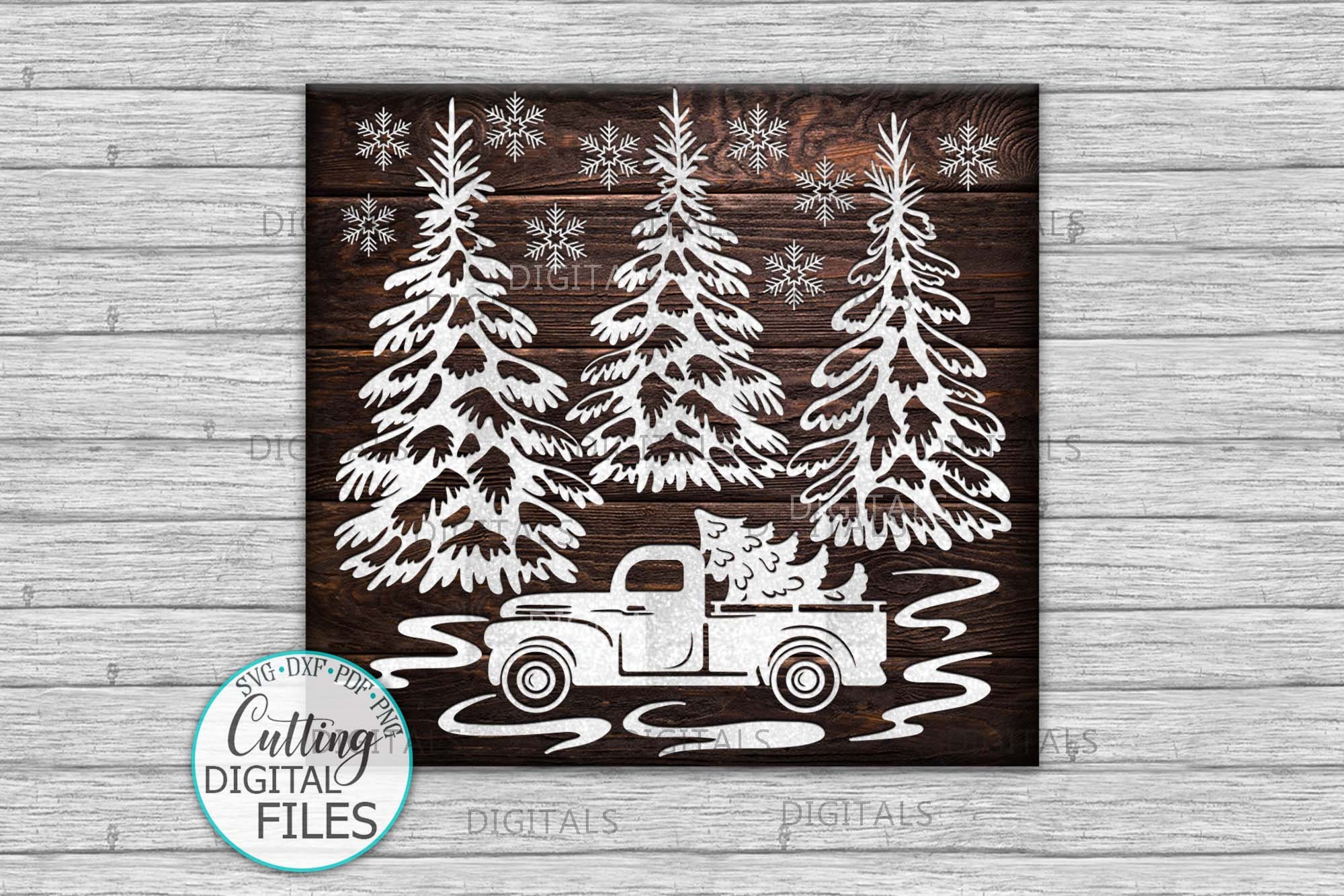 Christmas truck with tree svg, winter scene svg file, Christmas scene…