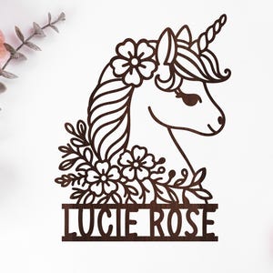 Letrero con nombre de unicornio cortado con láser, letrero para habitación de unicornio, letrero para guardería, archivo recortado DXF SVG, Glowforge, Cricut, descarga instantánea