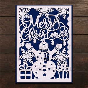 Svg de carte de Noël bonhomme de neige, cartes de Noël Cricut svg, svg papercut, cartes découpées au laser