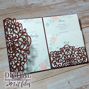 Dreifach gefaltete Hochzeitseinladung SVG, Cricut, Laser geschnittene Vorlage, Taschenumschlag SVG, Spitze Hochzeitseinladung SVG, Papierschnittkarte SVG