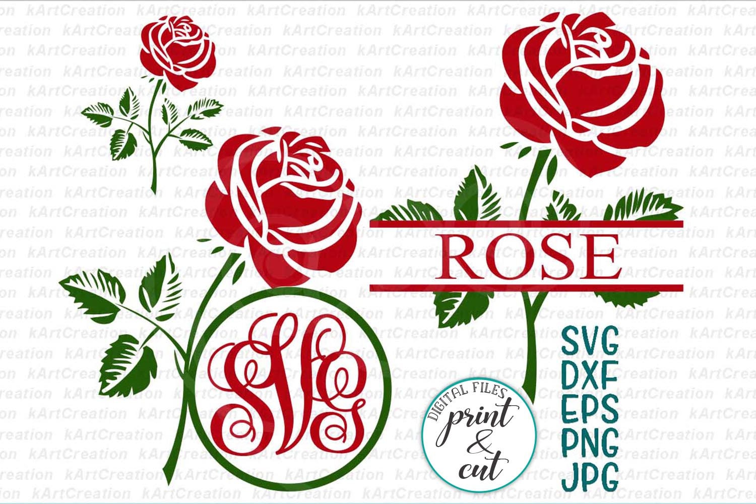 rose monogram svg, flower monogram svg, rose split monogram svg, flower  split monogram, wedding rose monogram, svg file,rose silhouette svg By  kArtCreation