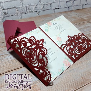 Dreifaltige Hochzeitseinladung svg, Cricut-Datei, Laserschnittvorlage, Tasche Umschlag svg, Spitze Hochzeitseinladung svg, Papierschnitt Karte svg