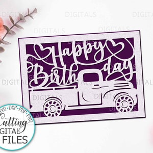 Tarjeta de felicitación de cumpleaños con texto en formato Cricut, tarjeta de felicitación con texto en formato Cricut, plantilla cortada con láser, tarjeta de felicitación para hombre, con camión, tarjeta recortada con texto en formato SVG