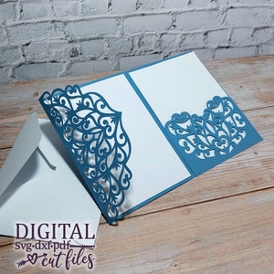Dreifach gefaltete Hochzeitseinladung SVG, Cricut, Laser geschnittene Vorlage, Taschenumschlag SVG, Spitze Hochzeitseinladung SVG, Papierschnittkarte SVG