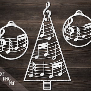 Árbol de Navidad con adornos colgantes de notas musicales, decoración svg, archivo cortado con láser para glowforge, árbol de Navidad musical svg, adorno navideño