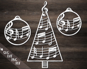 Christmas tree with music notes hanging ornaments decoration svg laser cut file for glowforge, Musical Christmas tree svg, Christmas bauble