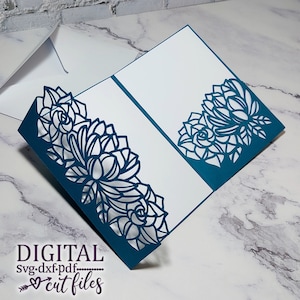 Suculentas Invitación de boda triple svg, Cricut, plantilla cortada con láser, Sobre de bolsillo floral svg, invitación de boda triple svg