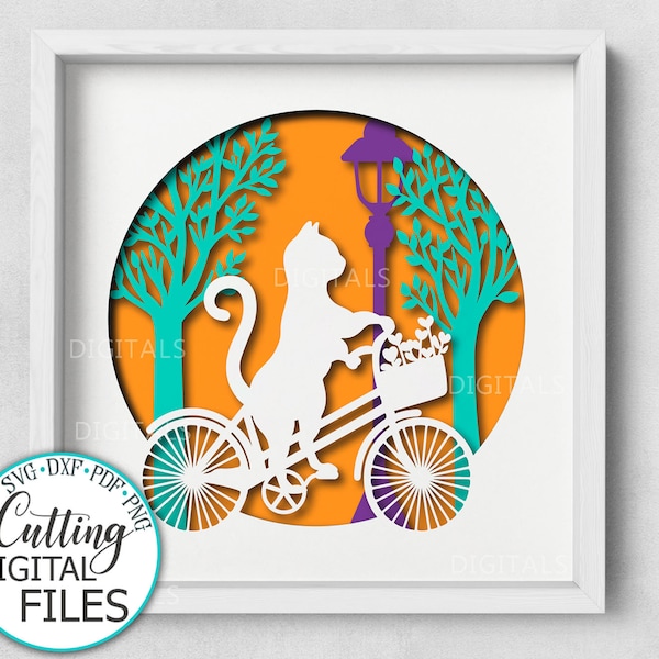 Cat on the bike Shadow Box SVG, lightbox svg, 3d papercut SVG, layered paper art, laser cut template, Cat lovers Cricut gift, dxf, paper cut