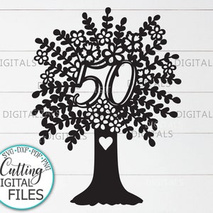 50 aniversario con árbol svg, papercut svg, plantilla de corte láser, cortar svg, descarga cricut, svg digital, árbol floral svg, dxf