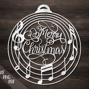 Ornamento appeso Merry Christmas Music file in formato svg tagliato al laser per glowforge, con note musicali, pallina di Natale in formato svg, modello dxf tagliato al laser